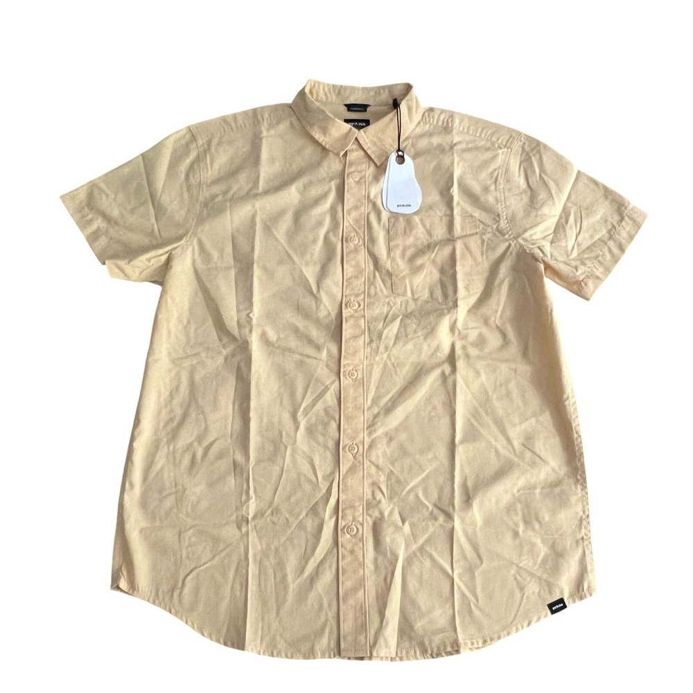 NWT Prana Mens Medium Tinline Shirt Sun Kissed Spiral Yellow Short Sleeve Button